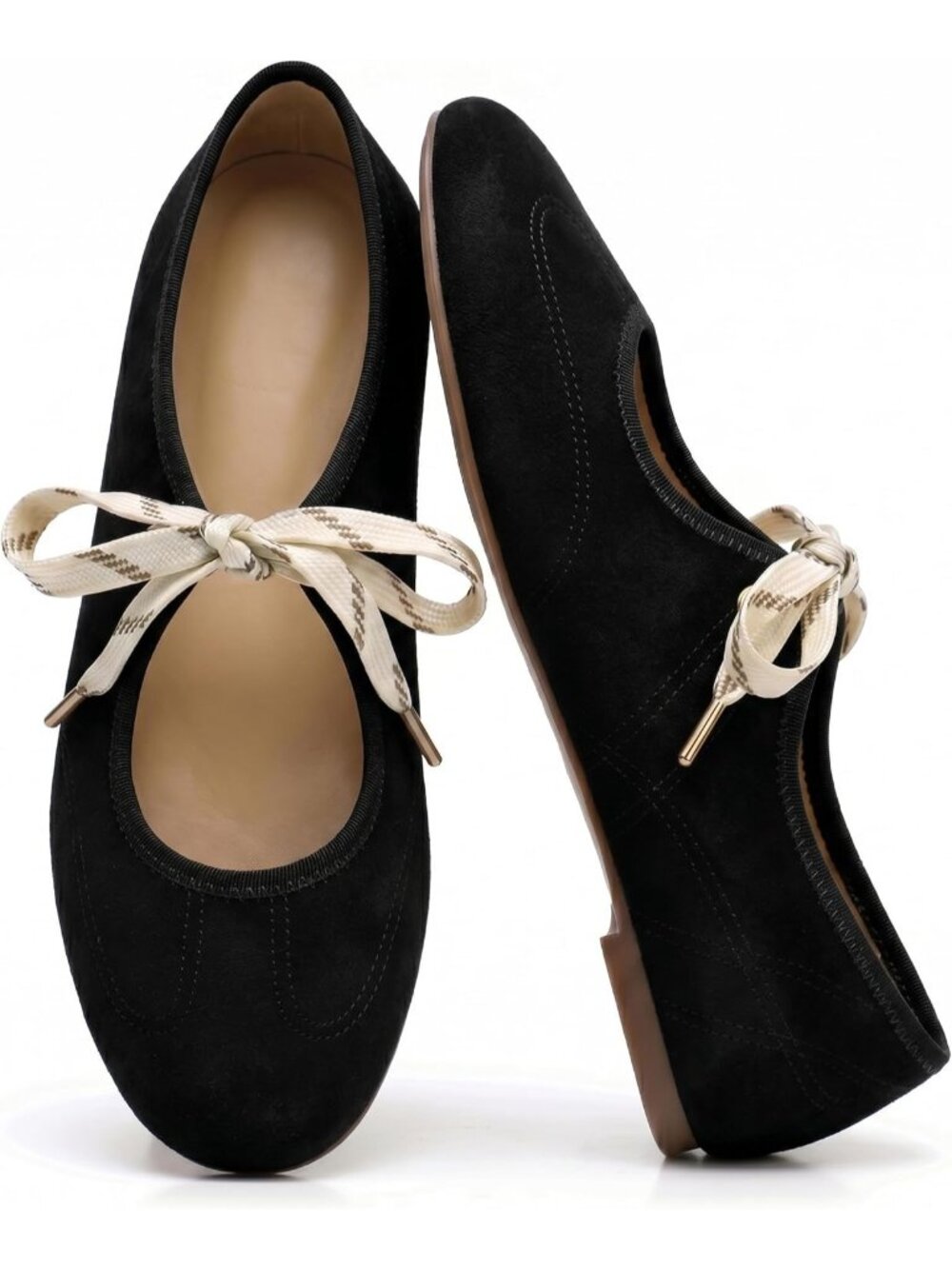Women's Black Round Toe Mary Jane Ballerina Lace Up Ballet Flat Sneaker Shoes